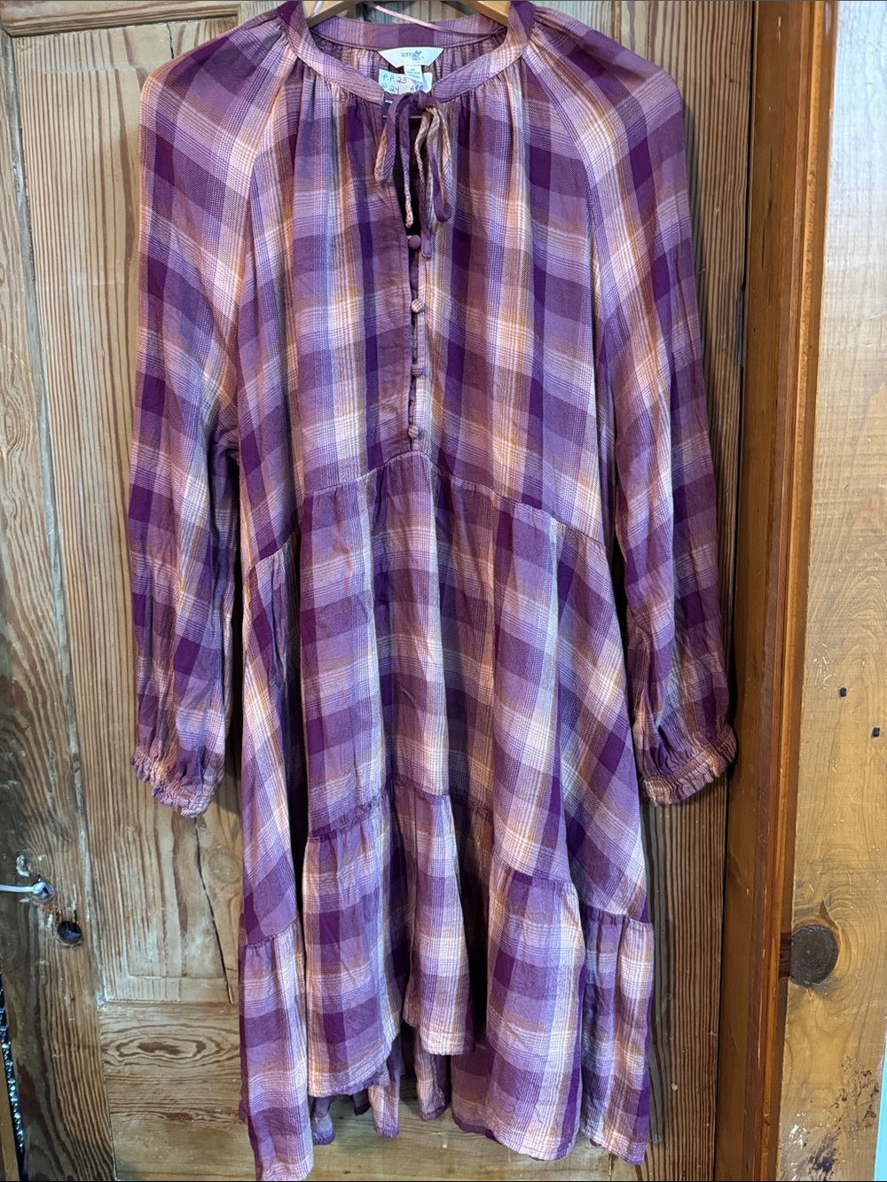 Plaid Tiered 1X Terra sky Casual Dress in Purple Orange pink long sleeve